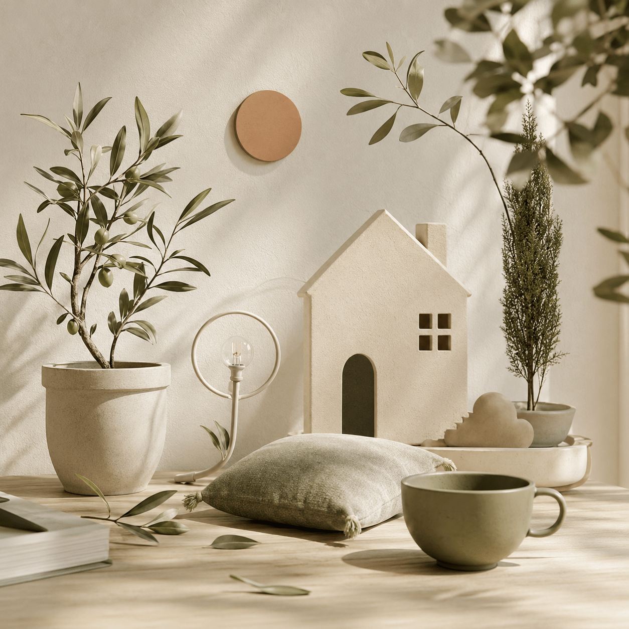 Objets du quotidien évoquant l'univers Nemolea : olivier, maison, lampe, coussin